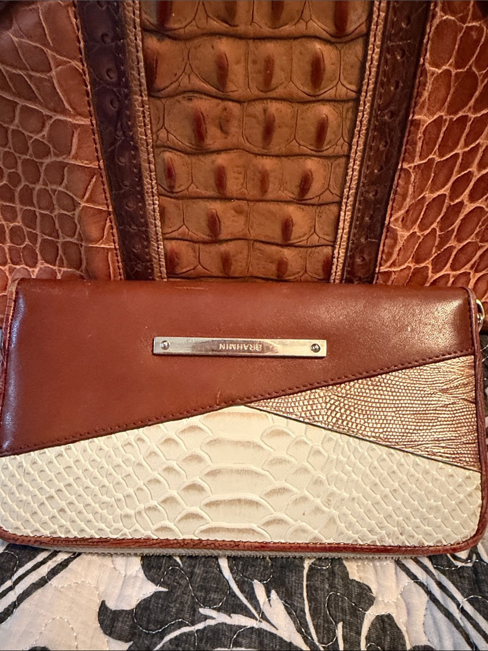 Brahmin Veronica Brown and Cream python/croc embossed Leather wallet